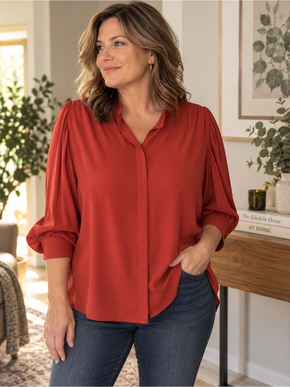 Women's Rust Button-Front Blouse with Puff Sleeves